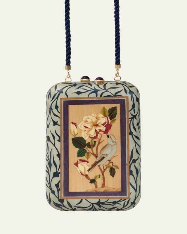 Marquetry Tibetan Forest Print Rectangle Clutch with 18K Yellow Gold